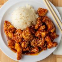 Firecracker Chicken Plate · Batter fried chicken  tossed in our spicy and sweet firecracker sauce then dressed with sesa...