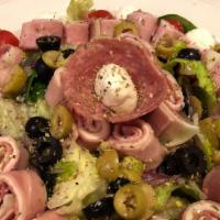 Antipasto Salad (Small) · Mixed greens topped with rolled ham Genoa salami, provolone, fresh mozzarella, mixed olives,...