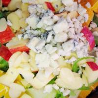 Blossom Salad (Large) · Mixed greens topped with apple and orange slices, almonds and crumbled blue cheese with a ra...
