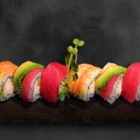 Rainbow Roll · In: crab, cucumber
Out: salmon, tuna, shrimp, avocado