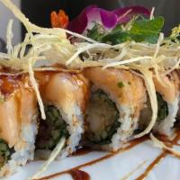 Dragonfly Maki Roll · Shrimp tempura and cucumber topped with spicy raw scallop, sweet potato crunch and kabayaki ...