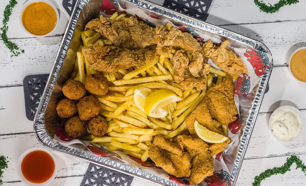 Combo #2 The Sampler · 6 Hush Puppies +  4 Chicken Tender (choice of flavor) + 4 Catfish Nuggets +  2 Sides