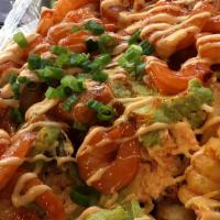 Fresh Fries · Bed of Curly Fries - Spicy Crab - Guacamole - Spicy Shrimp - (Topped in that order) Diced On...