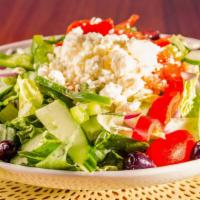 Greek Salad · Romaine, grape tomatoes, cucumbers, red onion, Kalamata olives, bell. peppers, feta cheese, ...