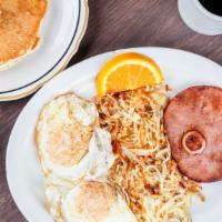 2 Egg Breakfast With Meat · Served with your choice of ham, bacon, patty, link or Italian sausage, hashbrowns and toast ...