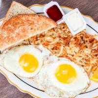 2 Egg Breakfast · Served with hashbrowns and your choice of toast or pancakes.