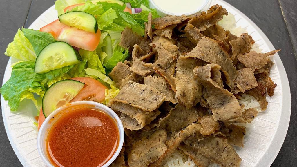 Beef Shawarma Plate · Served with choice of side. Includes small salad of Lettuce, Tomato, Onion, and Cucumber.