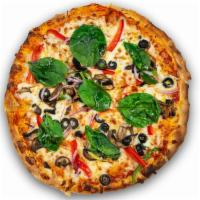 Garden Veggie Pizza · Marinara sauce, mozzarella cheese, mushrooms, green pepper, red bell pepper, spinach, black ...