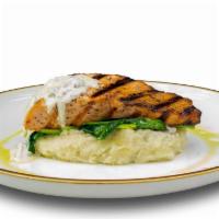Salmon · Oil olive marinated salmon. Served with side of mashed potato, sautéed spinach, pickled onio...