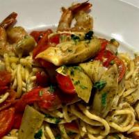 Shrimp & Artichoke Spaghetti · House made Spaghetti Quattro pasta, sautéed Shrimp, Artichokes, Tomatoes, Red Pepper, Garlic...