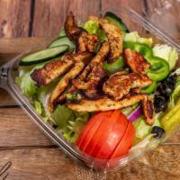 Grilled Chicken Salad · Lettuce, tomatoes, green peppers, onions, cucumbers, black olives and grilled chicken.