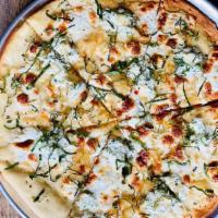 White Pizza · Garlic butter, herbed ricotta, mozzarella, shaved parmesan, basil, olive oil