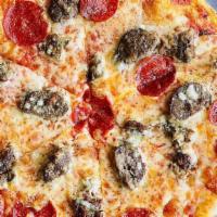 Meat Pizza · Red sauce, mozzarella, house made meatballs, pepperoni, house made sweet italian sausage, sh...