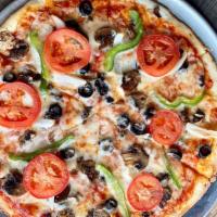 Veggie Pizza · Red sauce, parmesan, mozzarella, sliced roma tomato, green peppers, julienned onion, mushroo...
