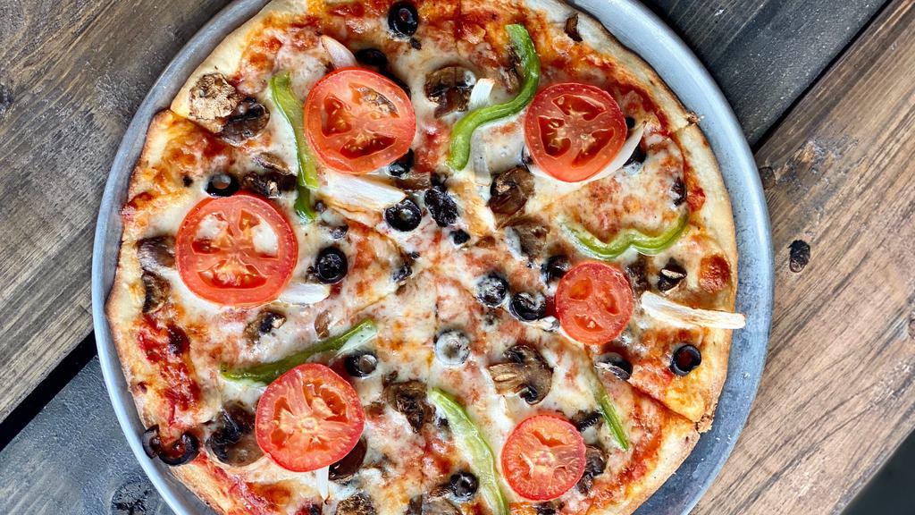 Veggie Pizza · Red sauce, parmesan, mozzarella, sliced roma tomato, green peppers, julienned onion, mushrooms, black olives, olive oil