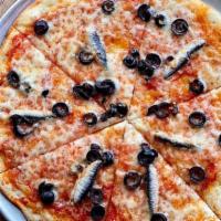 Anchovy & Olive · Red sauce, mozzarella, white anchovies, black olives, olive oil
