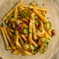 Beer Cheese & Bacon · Crispy fries, solace crazy pils beer cheese sauce, pickled jalapenos, and diced applewood sm...