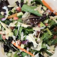 House Salad · Fresh mixed greens, tomatoes, shaved parmesan, onions, shredded carrots, black olives and cu...