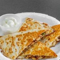 Chicken Quesadilla · W/spinach, onions, peppers, pepper jack cheese.