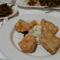 Bakaliaros Skordalia · Fried fresh cod served with potato garlic dip,marinated beets and green beans.