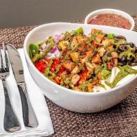 Chicken Pesto Salad · Iceberg Lettuce, Roasted Red Peppers, Red Onions, Black Olives, Fresh Mozzarella & Pesto (No...