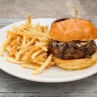 Mushroom & Oat Burger · whole grain mustard aioli, gruyère, brioche bun, fries or simply dressed greens