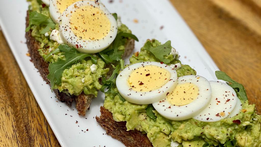 Avocado Toast · Avocado, arugula, feta cheese and hard boiled egg on seeded multi grain toast. Add gluten free bread for an additional charge.