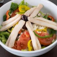 Zorba The Greek Salad · Romaine, cucumber, banana peppers, red tomato, red onion, kalamata olives, feta, and Shayna'...