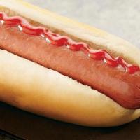 Hot Dog · Jumbo beef hot dog on a bun with your choice of a side.