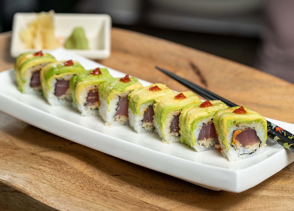 Supreme Spicy Crunch Roll · (choice of 1)Tuna, Salmon, Yellowtail, Shrimp / topped with Avocado &  House Spicy sauce