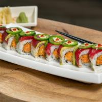 Mexican Roll · Spicy Tuna, Cucumber / topped with Tuna, Avocado, Jalapeno & Spicy Sauce