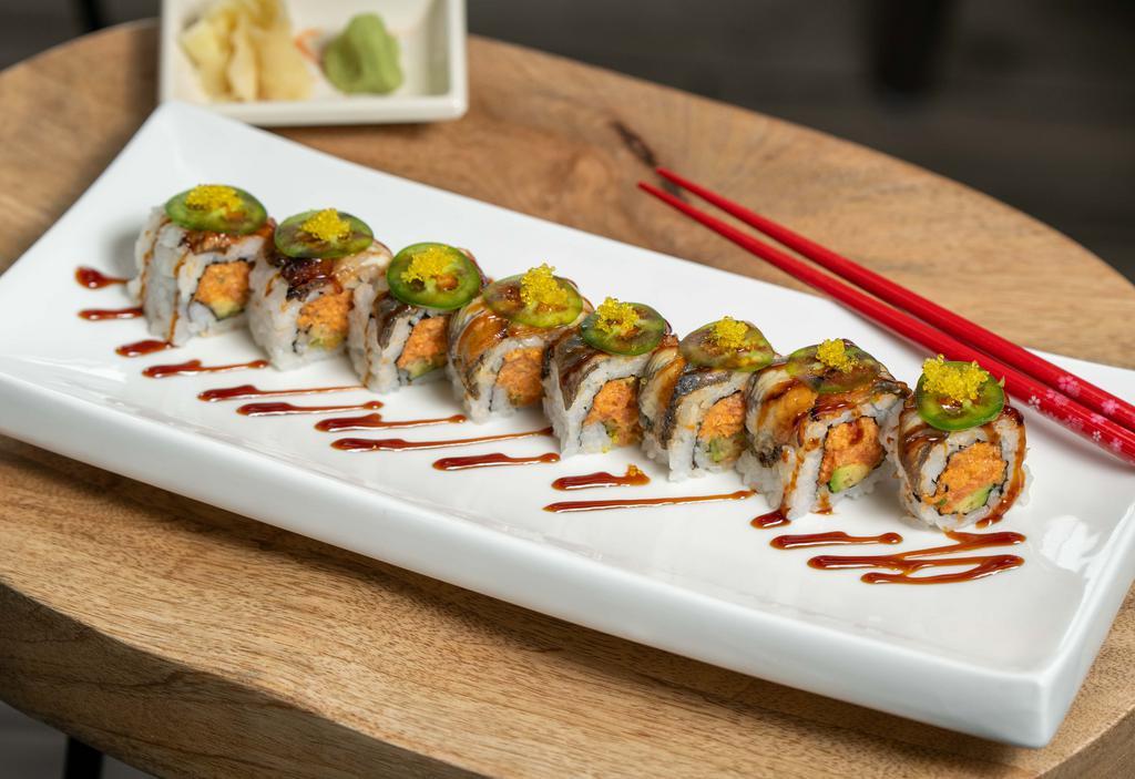 Dragon Fire Roll · Spicy Tuna, Avocado / topped with Eel, Jalapeno, tobiko & Eel Sauce