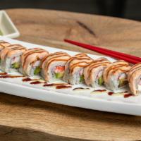 Baked Salmon Roll · Crab Stick, Cream Cheese, Avocado / topped with Salmon, Wasabi & Eel Sauce