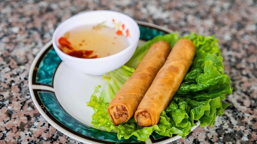Fried Egg Rolls (2) · (2) Vietnamese egg rolls with taro, carrot, mushroom, and glass noodles, in wheat wrapper and deep fried. Served with lettuce, cilantro, pickled daikon & carrot, and fish sauce. *Contains gluten. *Vegetarian