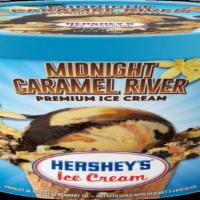 Hershey'S Midnight Caramel River Ice Cream - 1 Pint · Golden vanilla and dark chocolate ice cream flooded with a thick and rich caramel swirl.