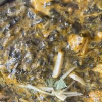 Chicken Saag · Curried boneless chicken cooked with spinach with a touch of cream.