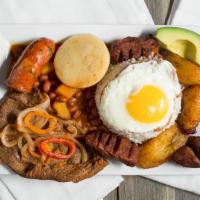 Bandeja Paisa · Traditional Colombian Plate served with beef thin steak, fried pork belly, chorizo, fried eg...