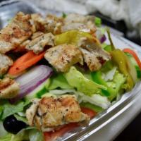 Chicken Salad, Salad · Chicken Salad, Lettuce, Tomato, Red Onion, Green peppers, Cucumber, Carrots, Black Olive, pe...