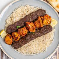 Chicken Ground Beef Combo · Kabob platter with 6 pieces of boneless chicken kabob and two long ground beef kabobs served...