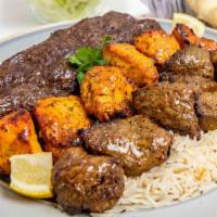 Triple Combo · Kabob platter with 6 pieces of boneless chicken kabob, 6 pieces of boneless lamb kabob, and ...