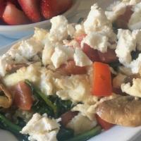 Egg White Scramble · Egg whites, tomatoes, mushrooms, onions, red peppers and fresh spinach,scrambled together wi...