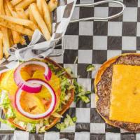 Snowbirds Burger · One half pound beef patty served on toasted bun with cheese, lettuce, tomato, pickle, mayo a...