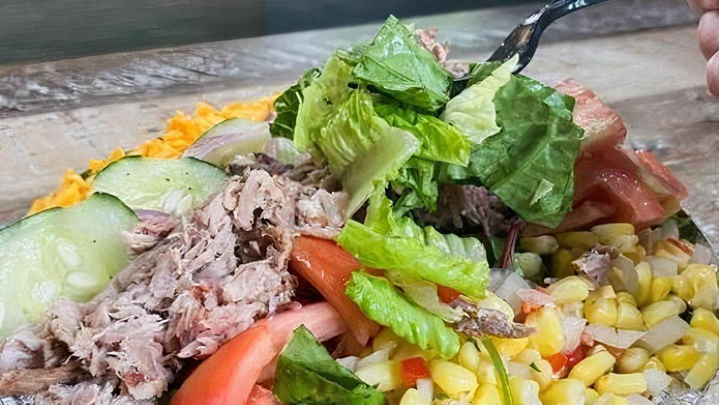 Green Acres Salad · Mixed Greens, Cucumber, Tomato, Cheddar Cheese, Roasted Corn Salsa, Ranch Dressing on the Side and your choice of BBQ Protein.