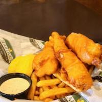 Fish & Chips · Mad duck blonde ale battered Atlantic whitefish fillets fried golden, served over our season...