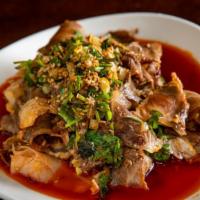 Beef & Tripe In Chili Oil · Spice level 10/10. COLD sliced of beef and tripe tossed w/ chili oil, cilantro, peanuts and ...