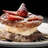 Churro Ice Cream Sandwich · Crème anglaise-chocolate sauce-vanilla ice cream-tequila soaked strawberries
