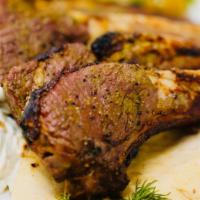 Lamb Chops · 4 chops meal. Seasoned with our special mint chardonnay sauce. Mesquite grilled to perfectio...