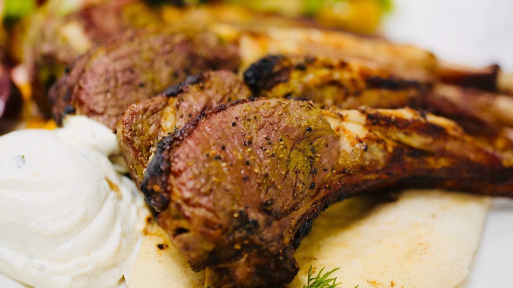 Lamb Chops · 16 Chops Fam. pack. Seasoned with our special mint chardonnay sauce. Mesquite grilled to perfection. Yogurt tahini sauce on the side. Cooked medium & up. (Gluten Free Option)