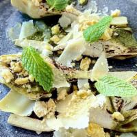 Roman Artichokes · Grilled Artichokes, Pesto, Parmigiano Cheese, Bread Crumb, Mint