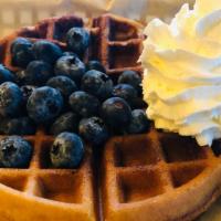 Blueberry Waffle · Homemade organic buttermilk Belgium waffle served with two ounce of organic pure maple syrup...